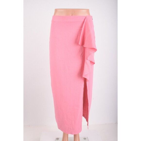 Zara Womens Ruffle Linen Blend Midi Skirt Pink Sz US S 7950/939 NWT - Picture 1 of 7